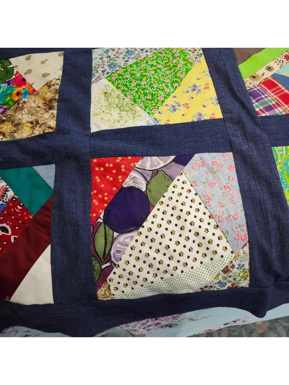 Colorful Handmade Patchwork Quilt Top PROJECT Finish Denim Borders 86x78 inches
